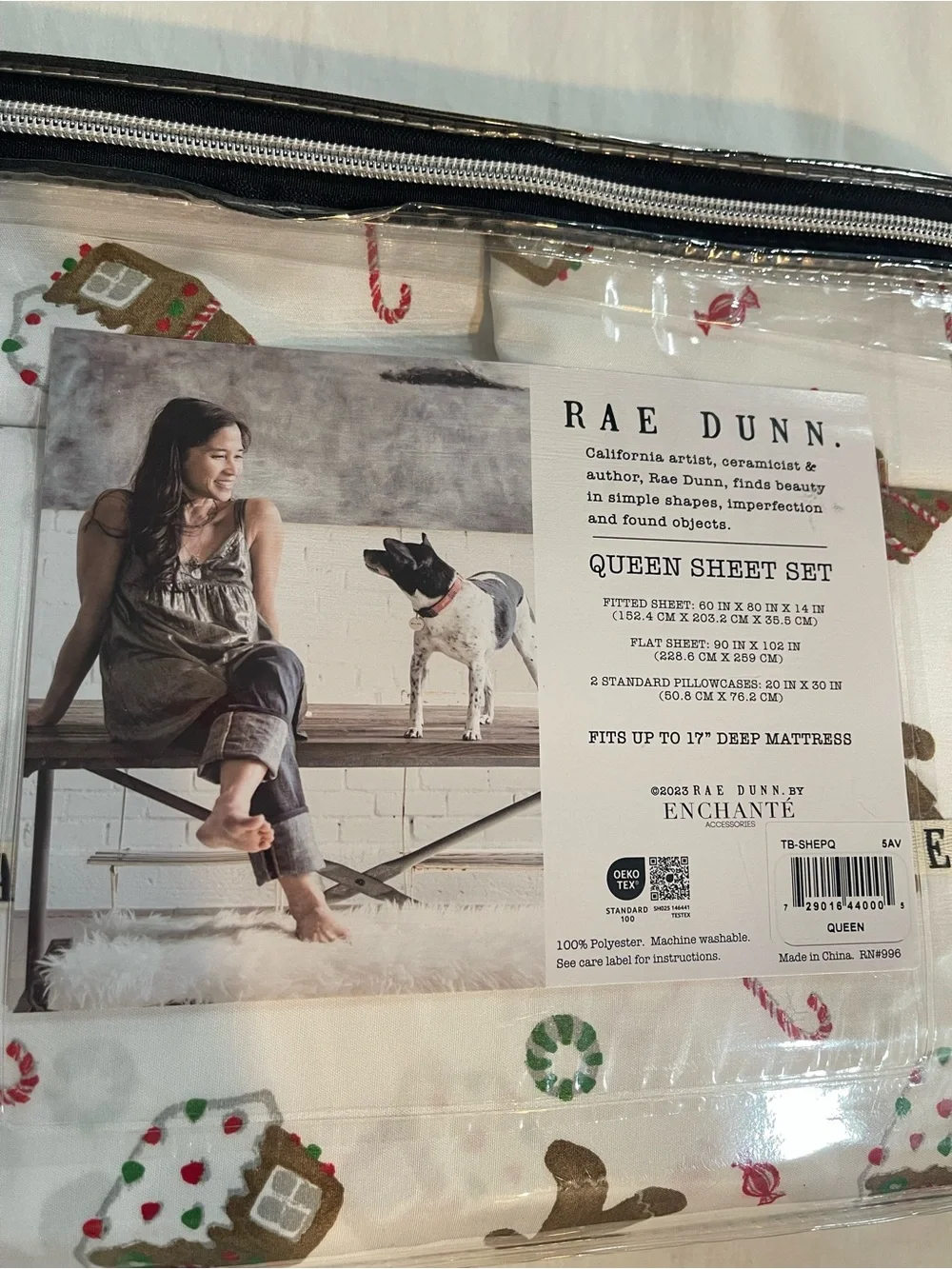 Rae Dunn Queen Sheet Set — White with Brown Gingerbread & Red/Green Accents
